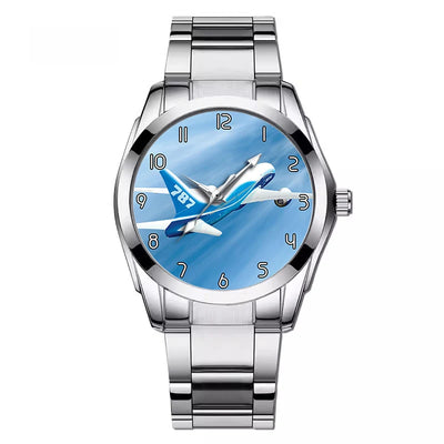 Beautiful Painting of Boeing 787 Dreamliner aviation-themed watch with stainless steel band, polished stainless steel.