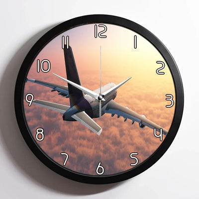 Super Cruising Airbus A380 over Clouds aviation design on premium wood and metal wall clock.