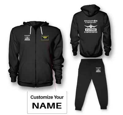 Flying is Importanter aviation design on soft cotton blend zipped hoodie and sweatpants set.