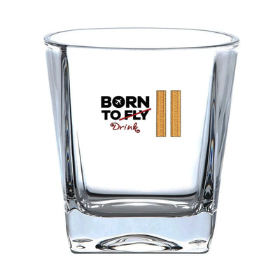 Born To Drink & 2 Lines aviation design on whiskey glass, crystal-clear premium glassware.