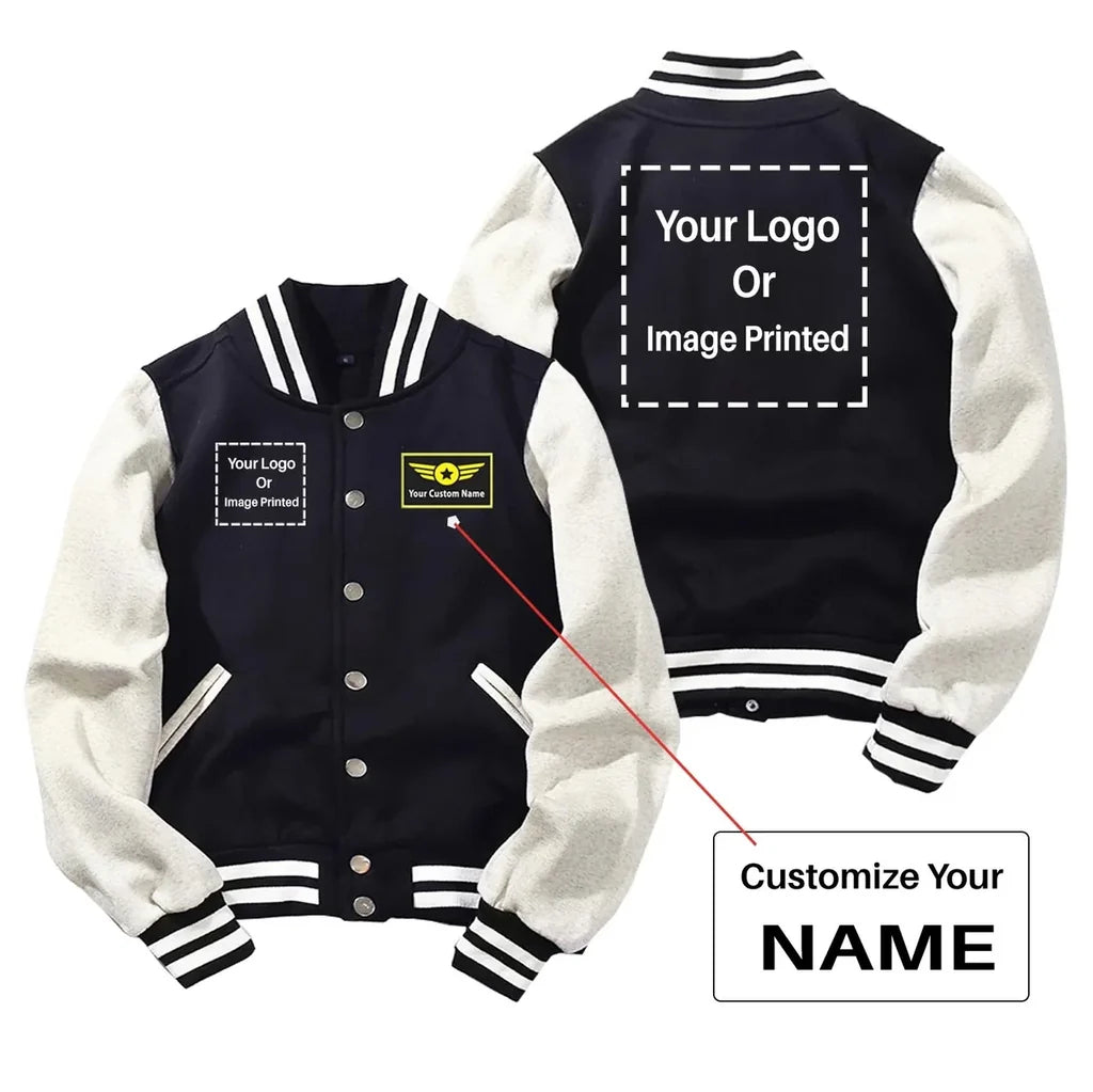 Custom Name & Double LOGO Baseball Style aviation design printed on two-tone shell with ribbed cuffs baseball jacket.