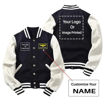 Custom Name & Double LOGO Baseball Style aviation design printed on two-tone shell with ribbed cuffs baseball jacket.