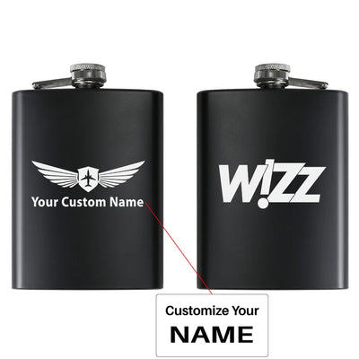 Wizz Airlines aviation design on stainless hip flask, compact pocket-size flask.
