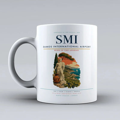 Samos International Airport (SMI) airport code design on white ceramic mug