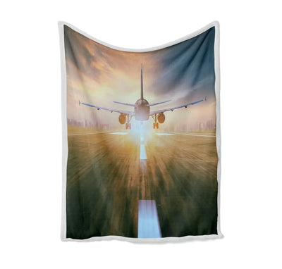 Airplane Flying Over Runway Bed Blankets & aviation print on soft fleece blanket.