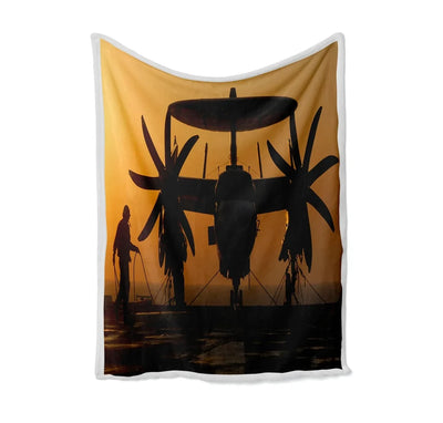 Military Plane at Sunset Bed Blankets & aviation print on soft fleece blanket.