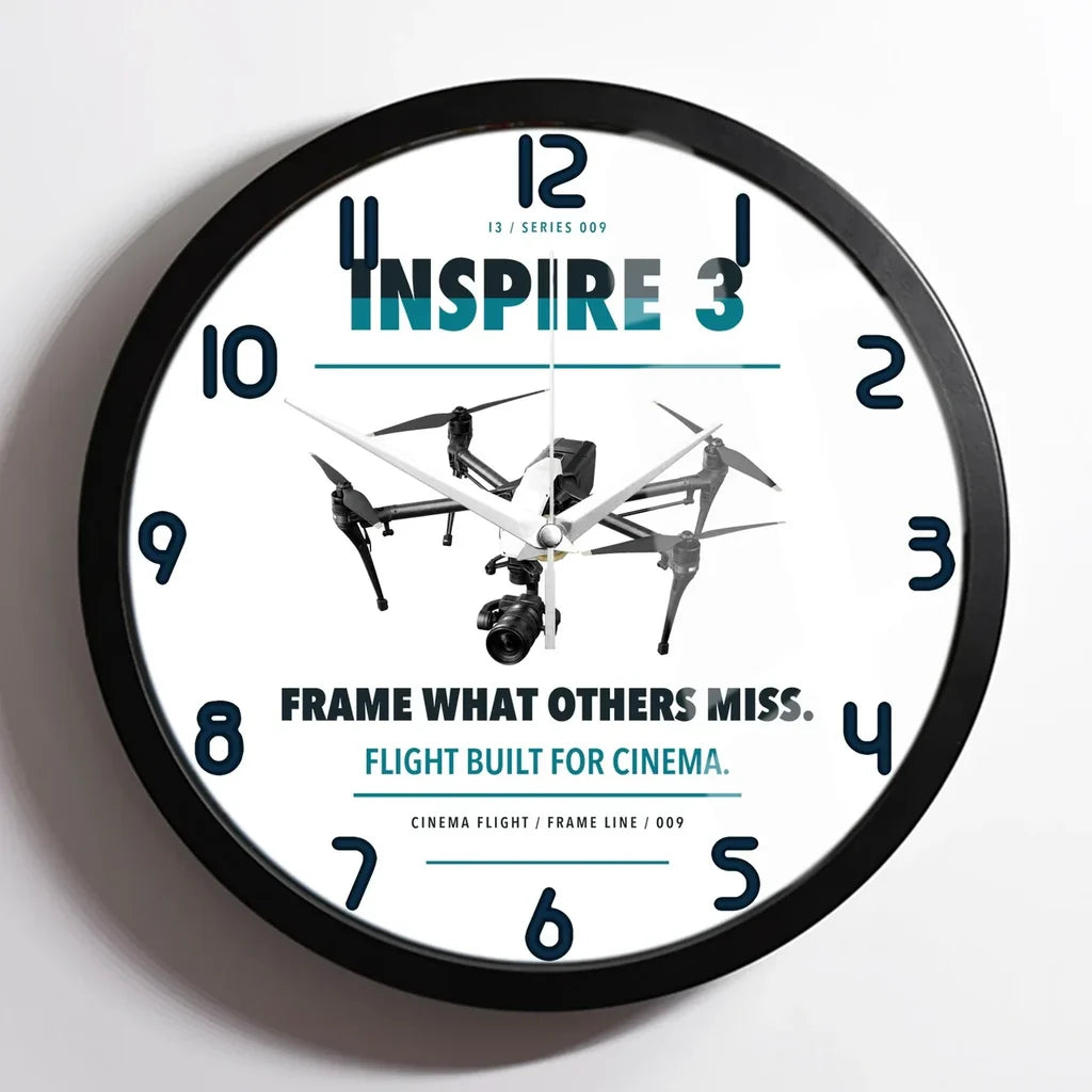 DJI Inspire 3 design on white framed wall clock