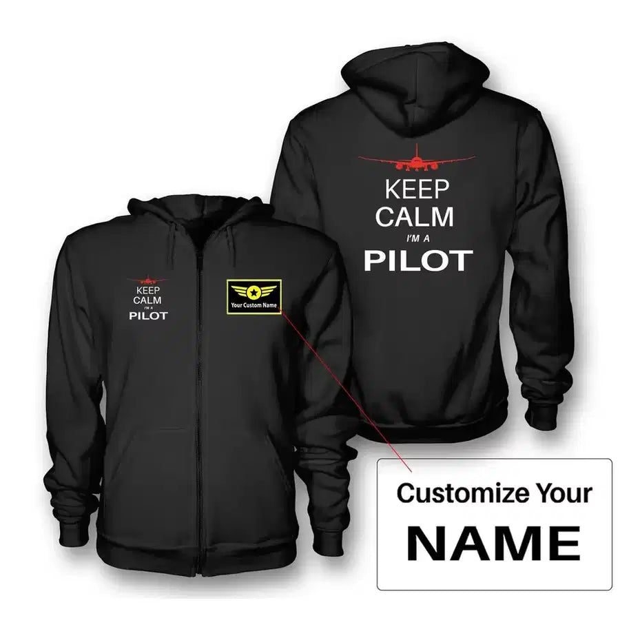 Pilot (777 Silhouette) Zipped Hoodie - Black + Name (Customizable)