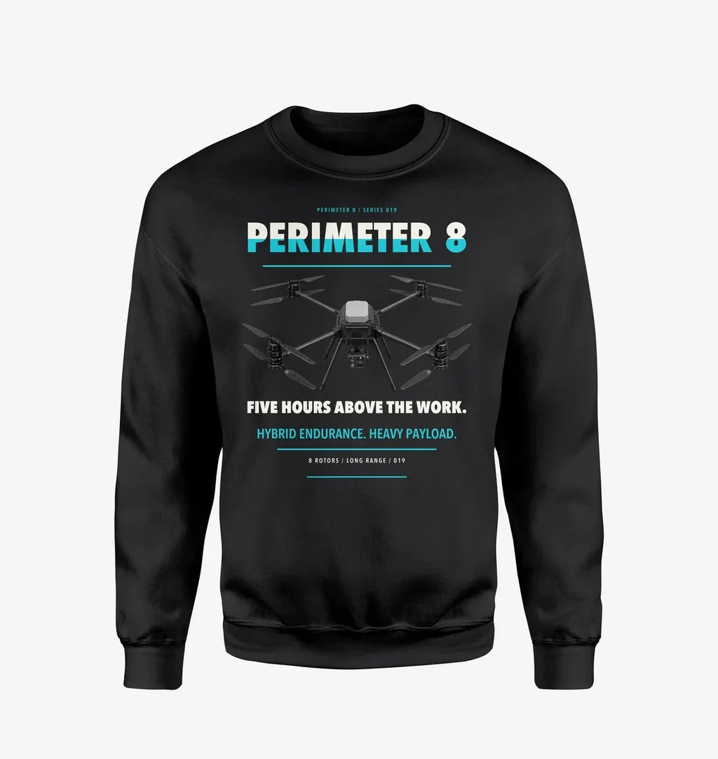 Skyfront Perimeter 8 design on black sweatshirt