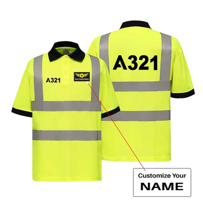 Airbus A321 Flat Text aviation design printed on soft cotton reflective polo shirt.