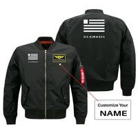Thumbnail for US Airways aviation design with custom name embroidered on black bomber jacket