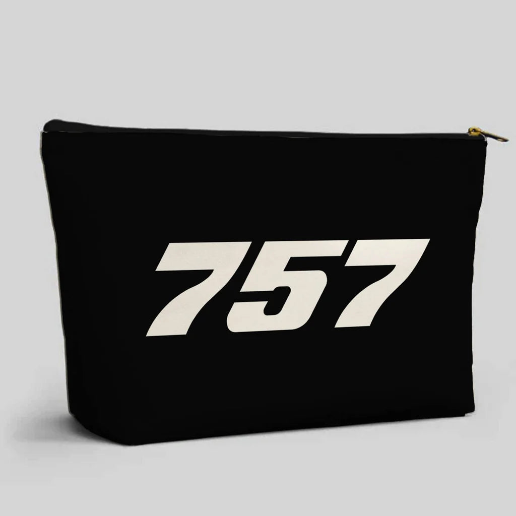 Boeing 757 Flat Text aviation zipper pouch in durable polyester.