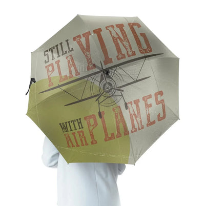 Still Playing with Airplanes aviation design on windproof polyester umbrella.