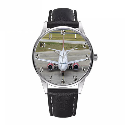 Face to Face with Boeing 737 aviation-themed watch with leather strap, polished leather strap.