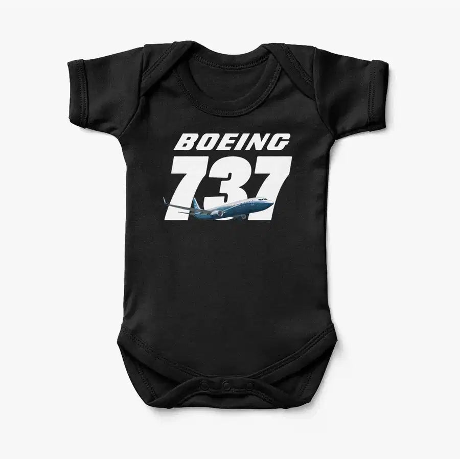 Super Boeing 737+Text aviation print on kids gentle cotton bodysuit.