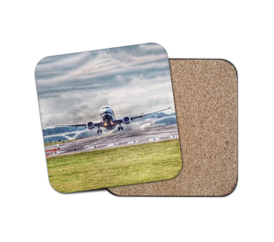 Departing Boeing 737 aviation design on cork-backed wood with print coaster.