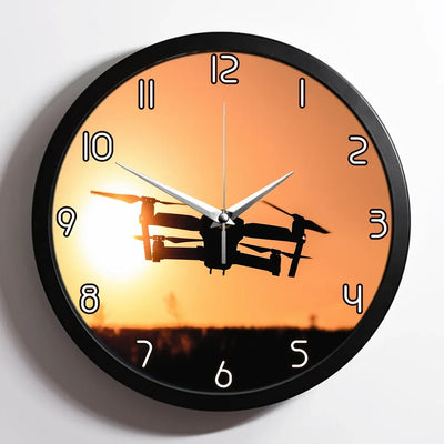 Amazing Drone in Sunset aviation design on premium wood and metal wall clock.