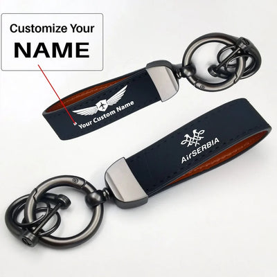 Side view of Air Serbia Airlines aviation horseshoe-buckle key chain in polished metal alloy, polished finish.