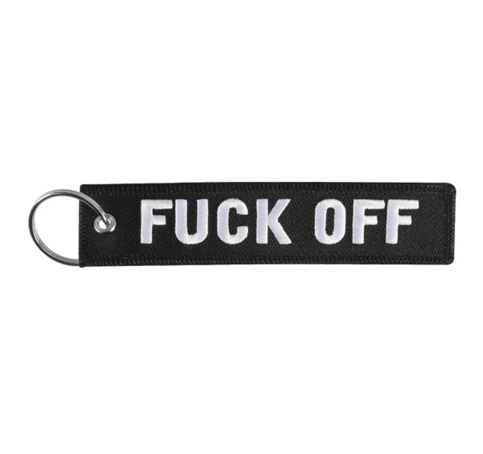 Fuck Off aviation fashion key chain in polished metal.