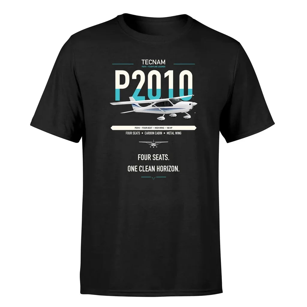 Tecnam P2010 design on black t-shirt, single-side print