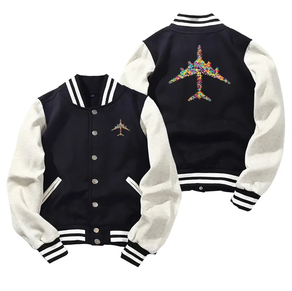 Colourful Airplane Baseball Style aviation design printed on two-tone shell with ribbed cuffs baseball jacket.