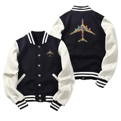 Colourful Airplane Baseball Style aviation design printed on two-tone shell with ribbed cuffs baseball jacket.