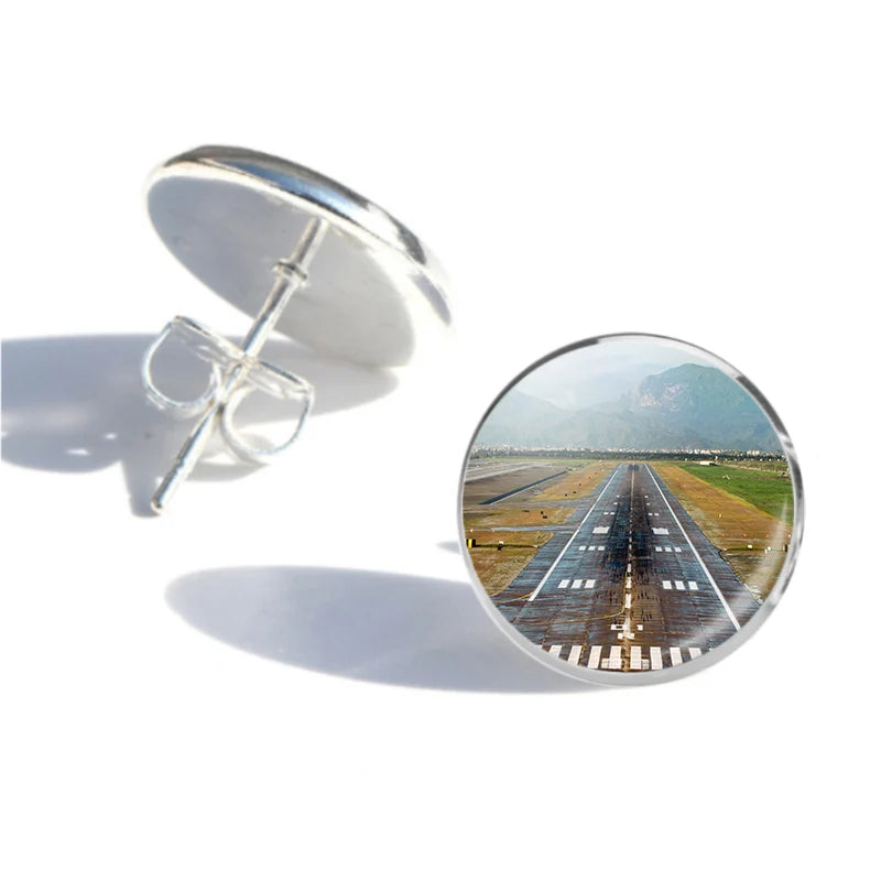 Amazing Mountain View & Runway aviation stud earrings, stainless steel body with engraved detail.