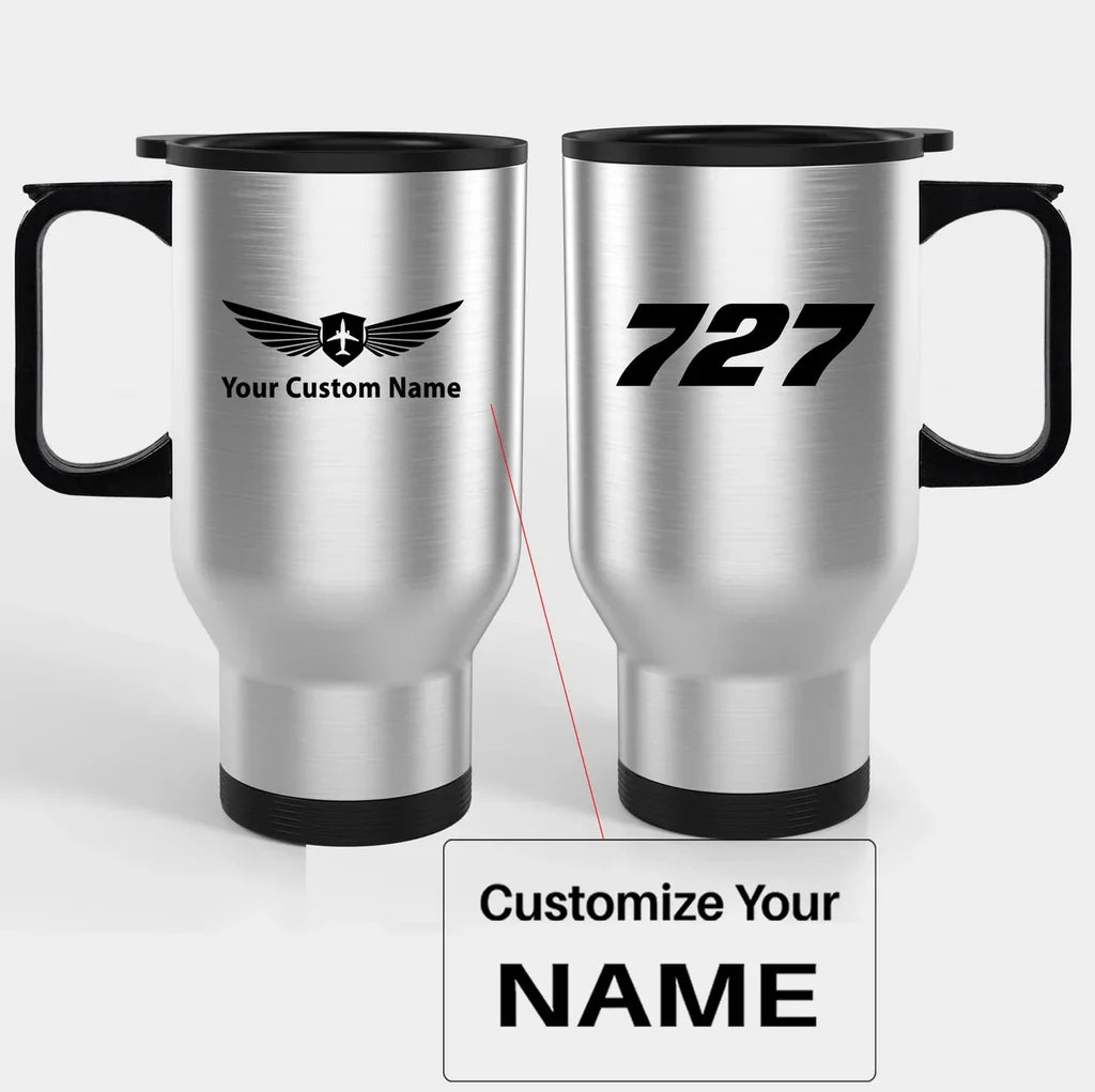 Boeing 727 Flat Text Travel Mugs (With Holder) aviation design on travel mug with holder, insulated double-wall with car-cup.