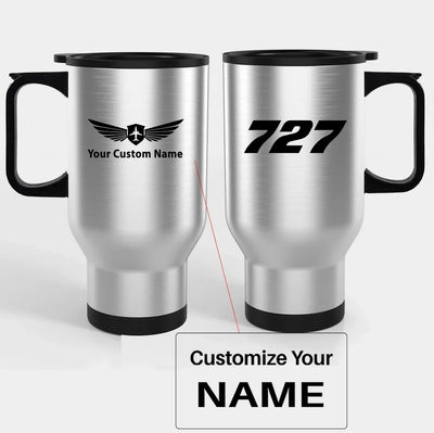 Boeing 727 Flat Text Travel Mugs (With Holder) aviation design on travel mug with holder, insulated double-wall with car-cup.