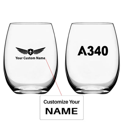 Airbus A340 Flat Text Water & Drink aviation design on water glass, crystal-clear premium glassware.