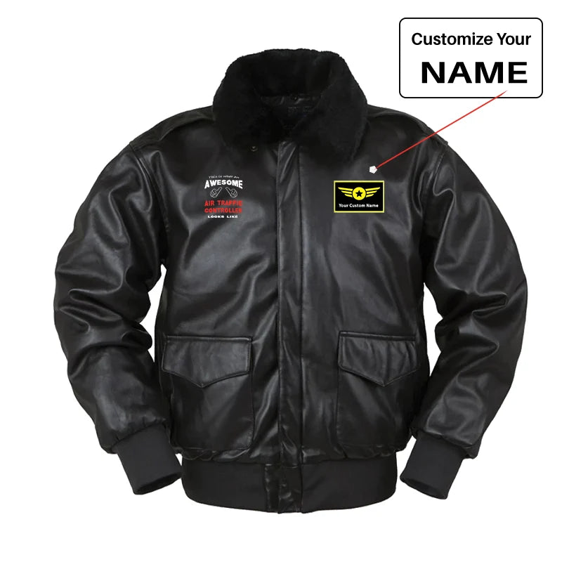 Air Traffic Controller aviation design printed on genuine leather with shearling-style collar leather bomber jacket.
