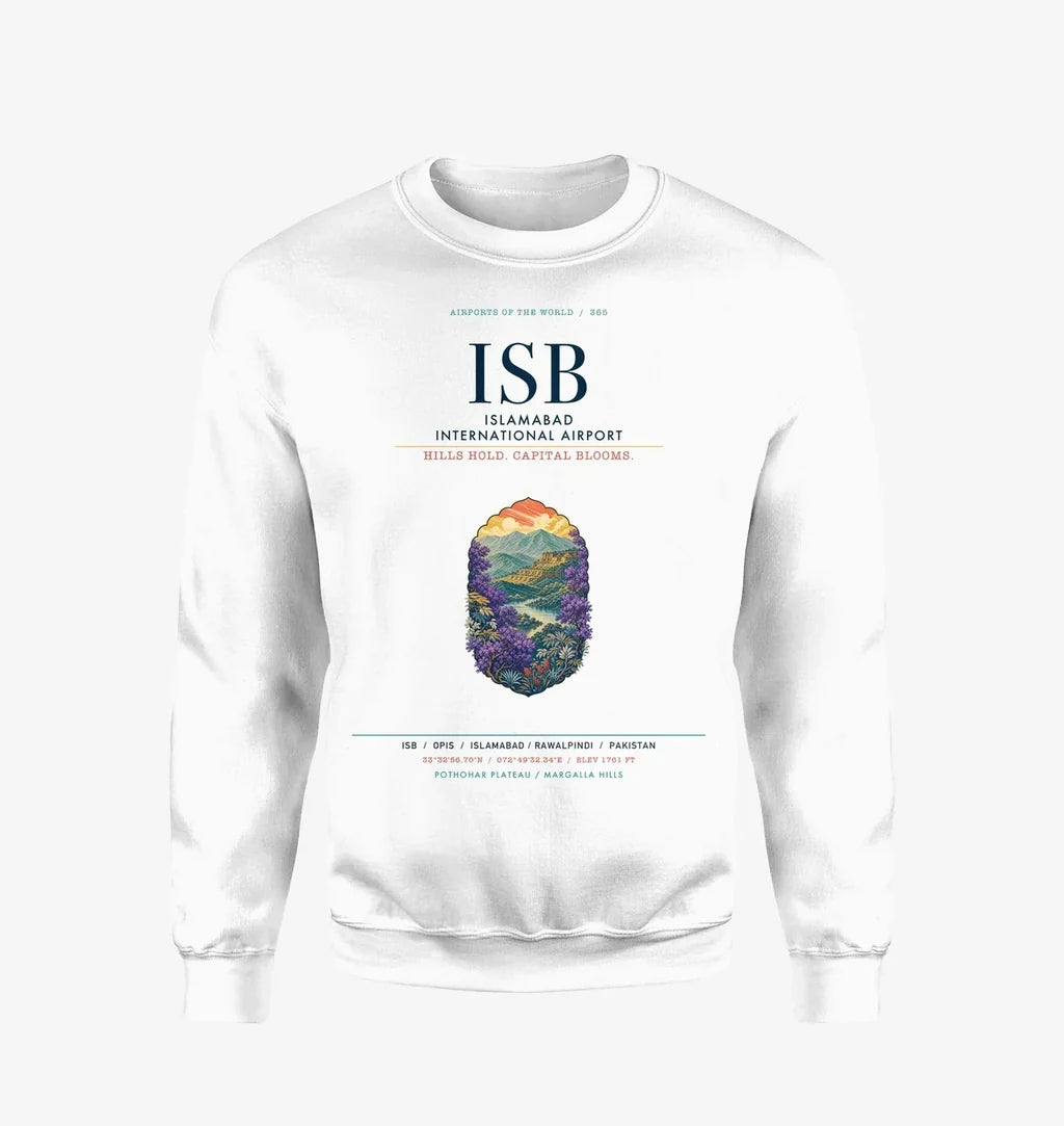 Islamabad International Airport (ISB) design on white sweatshirt