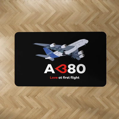 Airbus A380 Love at first flight aviation design on durable carpet pile with non-slip backing rectangle carpet floor mat.