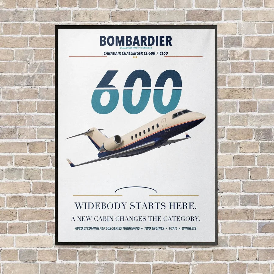Bombardier Challenger 600 vertical canvas print - framed - white background