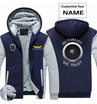 Thumbnail for In Thrust We Trust aviation design printed on soft cotton blend zipped sweatshirt.