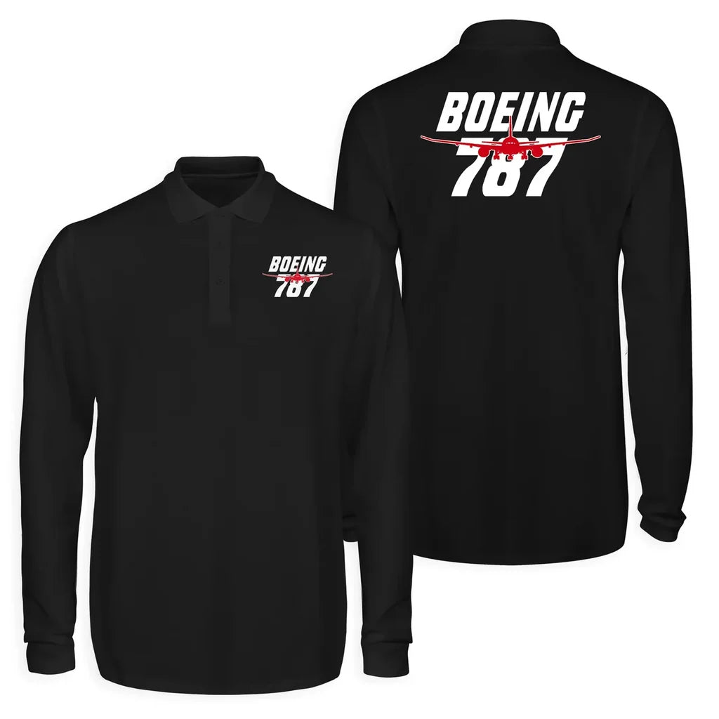 Amazing Boeing 787 Long Sleeve Polo T-Shirts (Double-Side) aviation design printed on soft cotton long-sleeve double-side polo.
