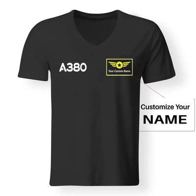 Airbus A380 Flat Text aviation design printed on soft cotton V-neck T-shirt.