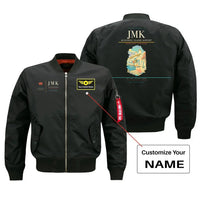 Thumbnail for Mykonos Island Airport (JMK) design on black bomber jacket with custom name patch