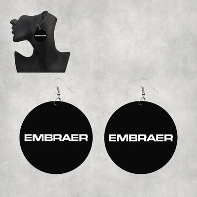 Embraer & Text aviation drop earrings, wood with metal hooks body with engraved detail.
