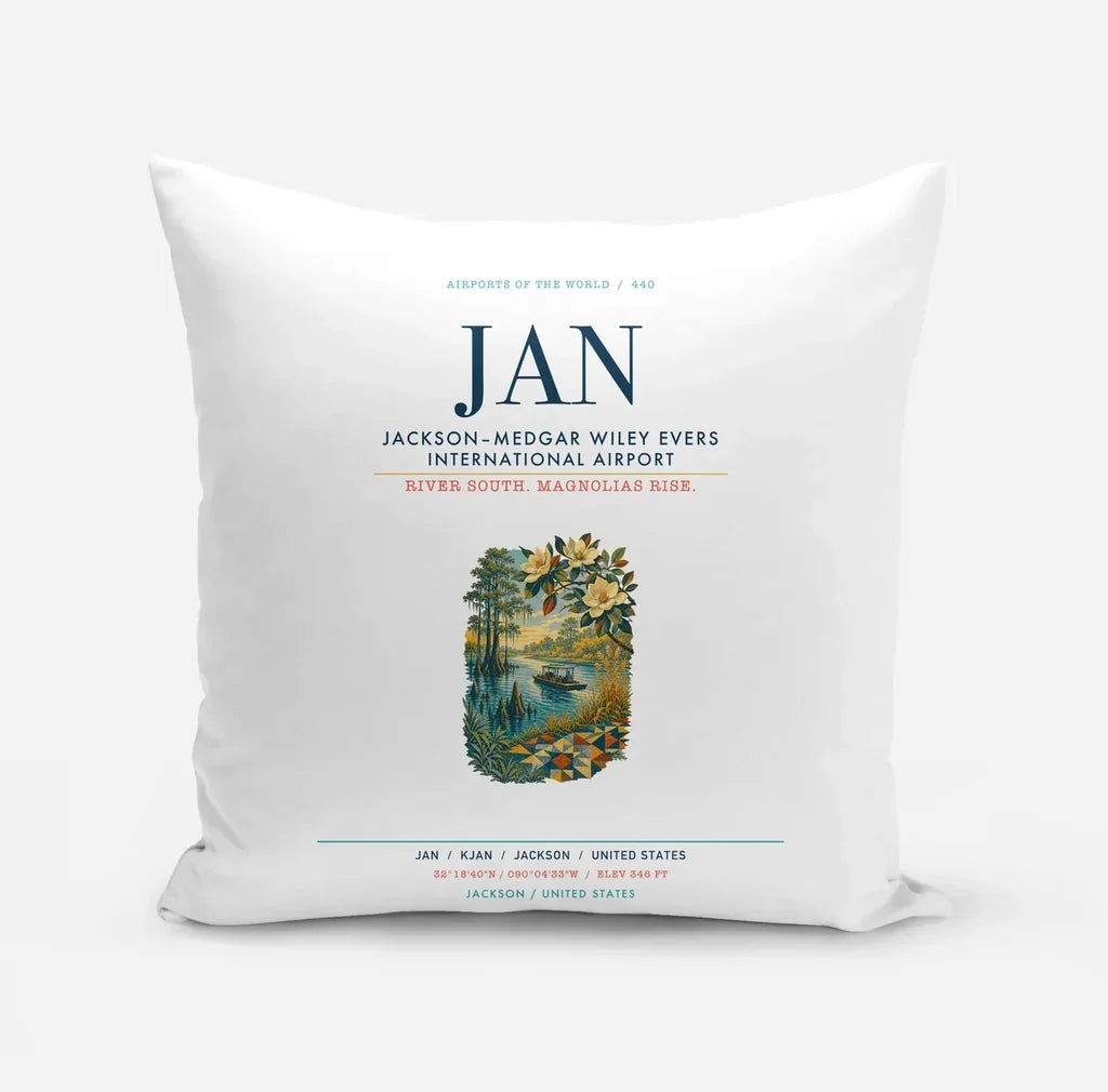 Jackson–Medgar Wiley Evers International Airport (JAN) design on white pillow