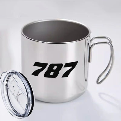 Boeing 787 Flat Text aviation design on portable mug, vacuum-insulated double-wall.