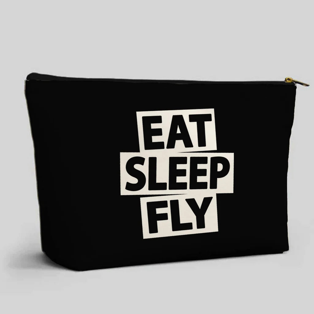 Eat Sleep Fly aviation print zipper pouch, durable polyester.