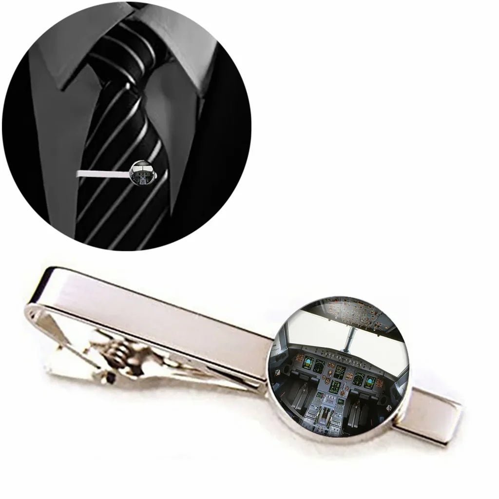 Airbus A320 Cockpit (Wide) aviation-themed tie clip, polished stainless steel.