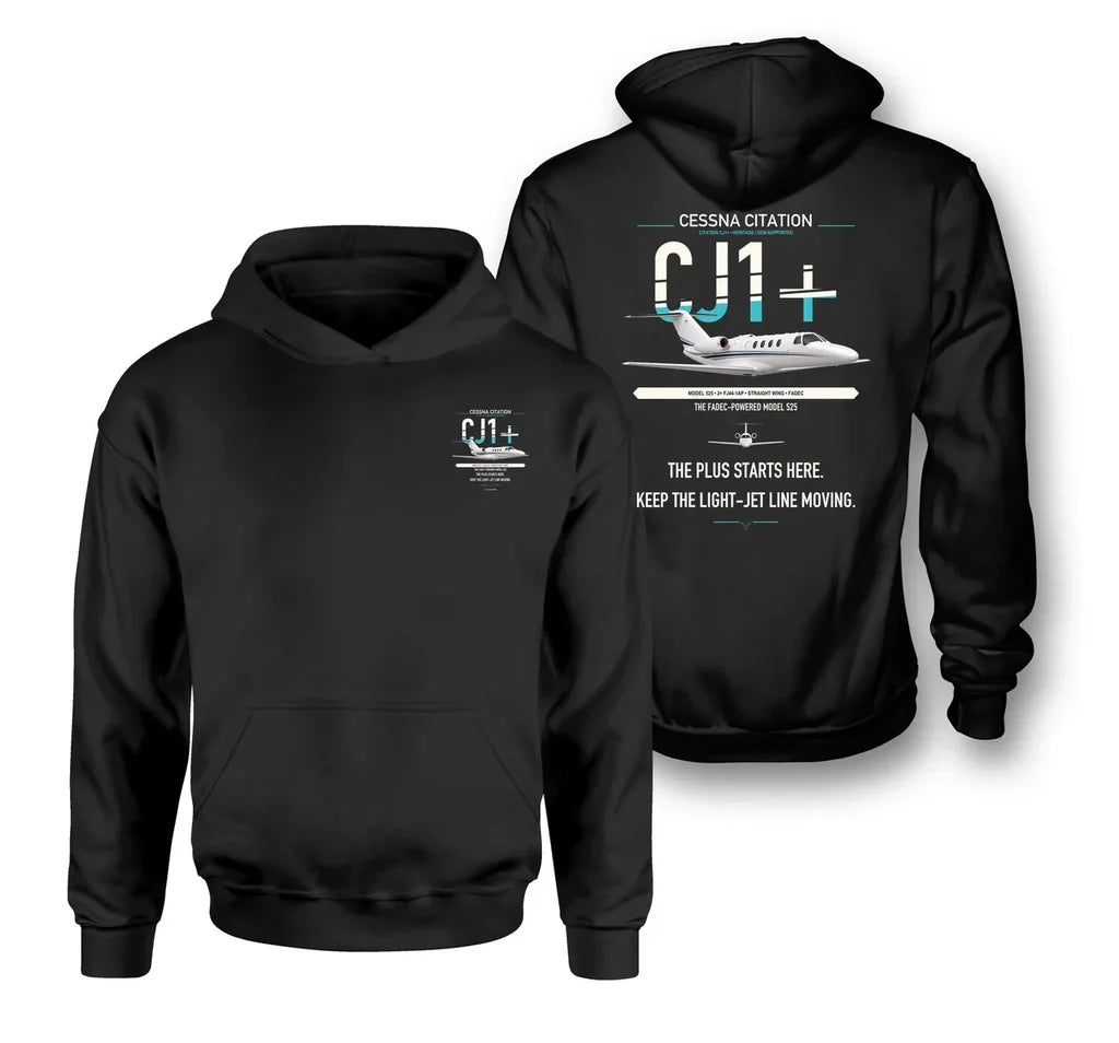 Cessna Citation CJ1+ design on black double-side hoodie, double-side print