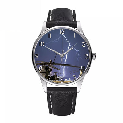 Side view of Helicopter & Lighting Strike aviation watch with leather strap in leather strap, polished finish.