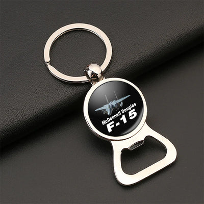 The McDonnell Douglas F15 Bottle Opener aviation design on bottle-opener key chain, durable metal alloy with built-in opener.