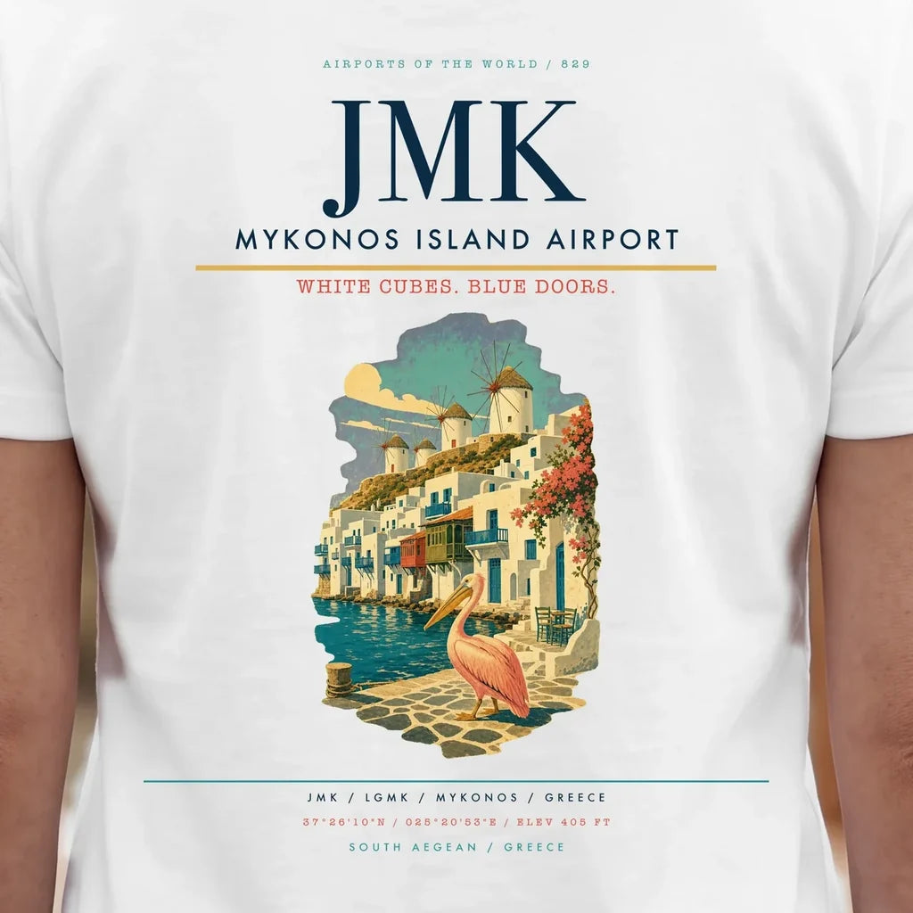 Mykonos Island Airport (JMK) double-side t-shirt design close-up cover