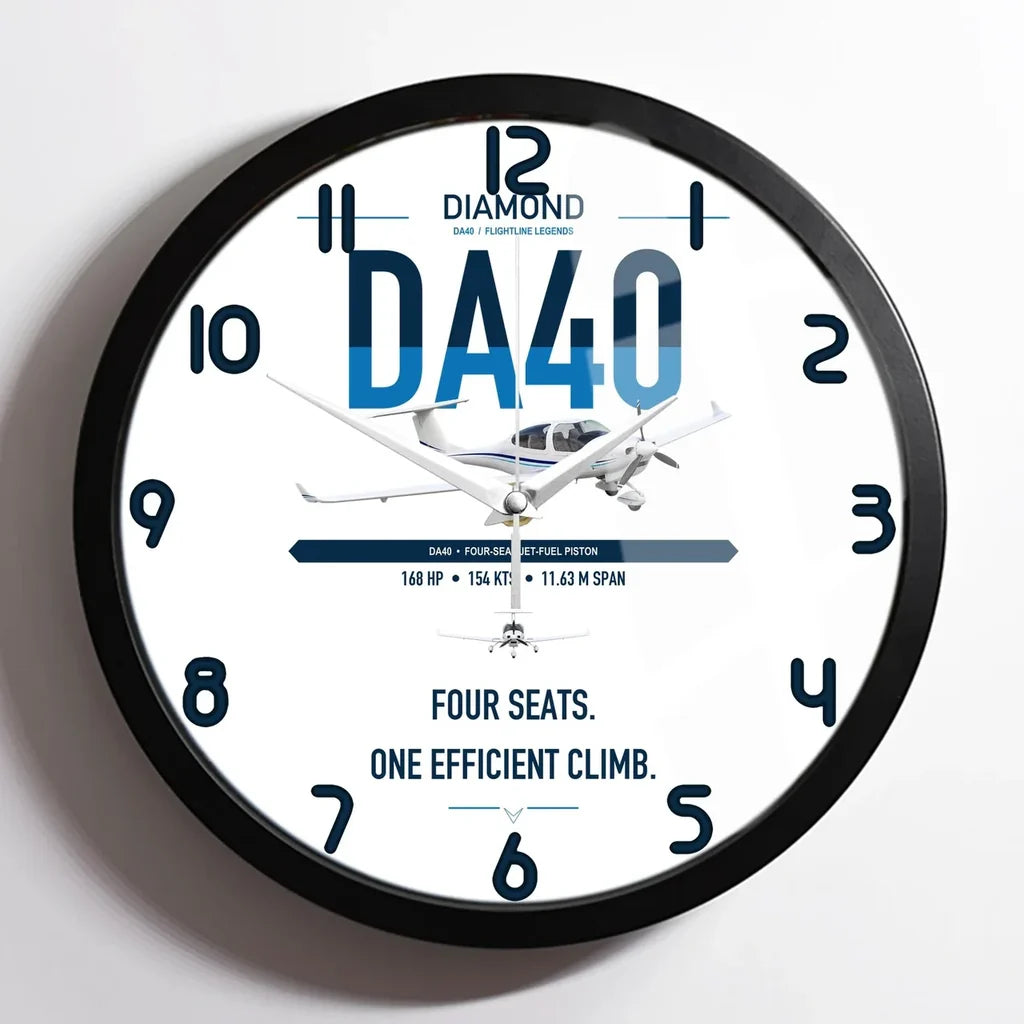 Diamond DA40 design on white framed wall clock