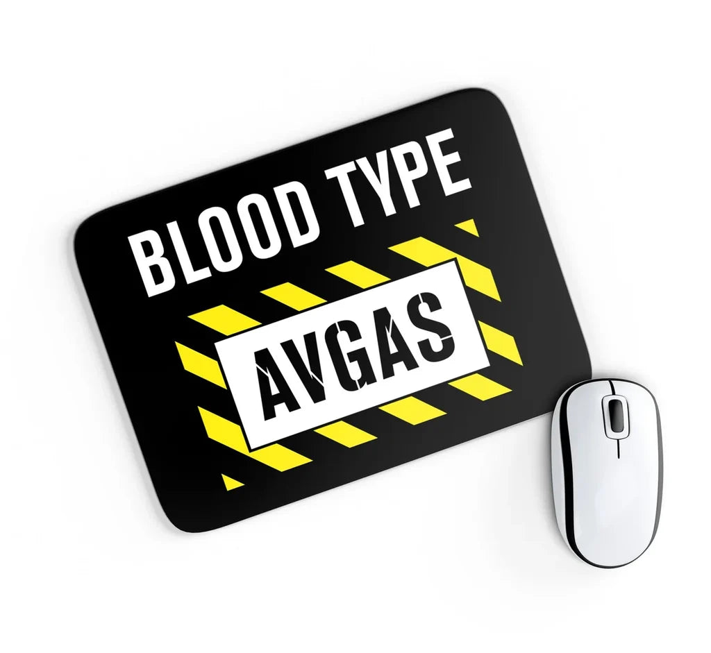 Blood Type AVGAS aviation design on neoprene with anti-slip base mouse pad.