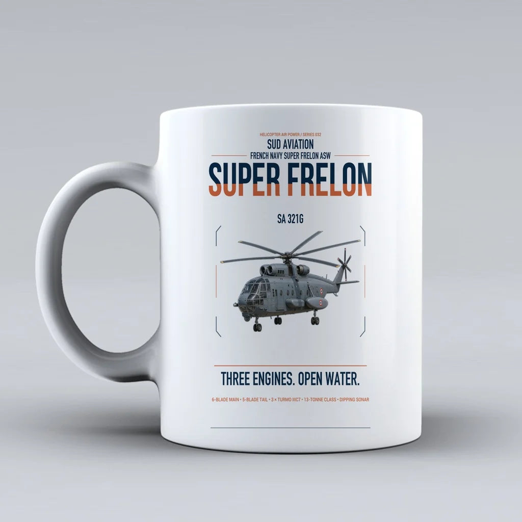 Sud Aviation SA 321G Super Frelon design on white ceramic mug, double-side print